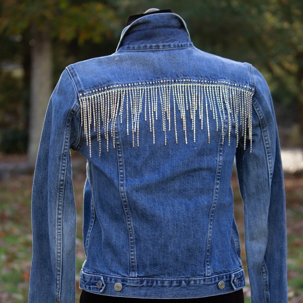 UPCYCLED Denim Jacket AB Rhinestones and Fringe